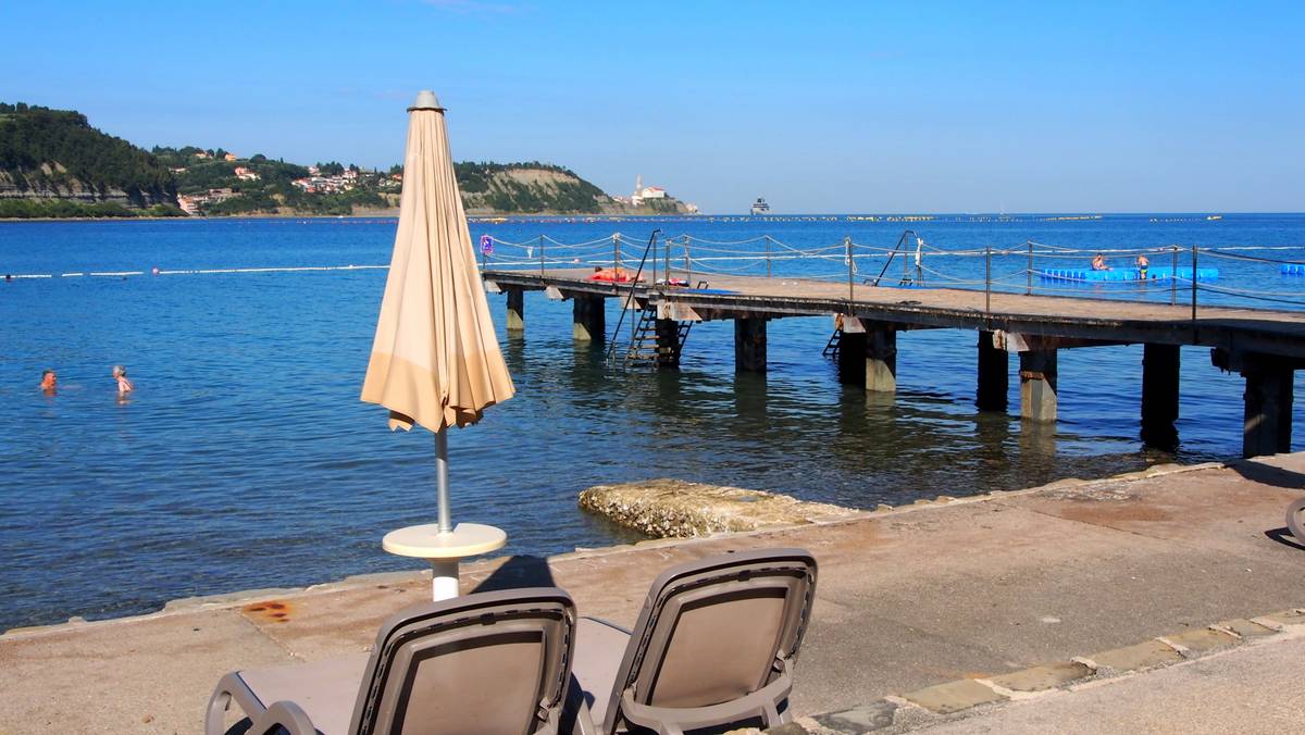 Strunjan Beach KRKA - view to Piran - pier